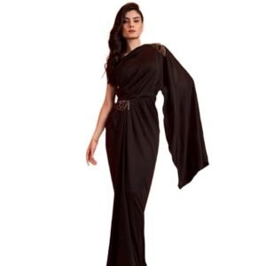HarLiv One Shoulder Black Saree Gown Women - Party, Cocktail, Wedding Dress (Black)