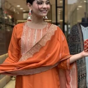 Nermosa Women Embroidery Silk Straight Kurta and Pant Set with Dupatta