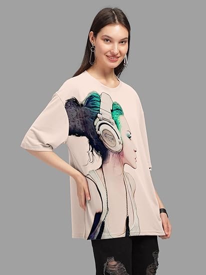 HELLCAT Beige Trendy Printed Oversized T-Shirt for Women - Image 5