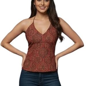 GoSriKi Women's Araha Halter Neck Printed Kurti |Casual Sleeveless Printed Top| Open Back Design|Short Kurti for Girls| Kurti for Women
