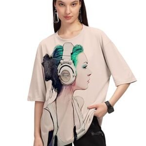 HELLCAT Beige Trendy Printed Oversized T-Shirt for Women