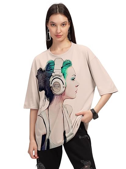 HELLCAT Beige Trendy Printed Oversized T-Shirt for Women