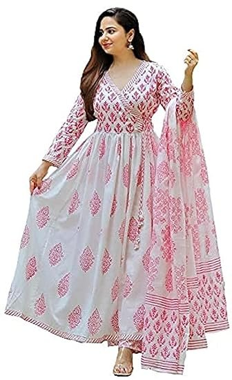 MEERA FAB Women's Cotton Printed White Anarkali Kurta with Palazzo & Dupatta Set - Image 3