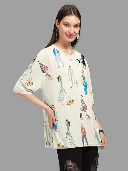 HELLCAT Beige Trendy Printed Oversized T-Shirt for Women - Image 5