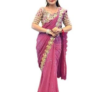 SIRIL Women's Georgette Sequence Embroidery Mirror Work Saree with Unstitched Blouse Piece