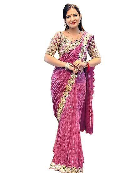 SIRIL Women's Georgette Sequence Embroidery Mirror Work Saree with Unstitched Blouse Piece