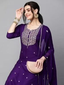 GoSriKi Women's Cotton Blend Embroidered Straight Kurta with Pant & Dupatta