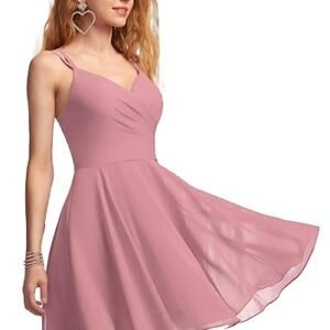 Istyle Can Solid A-Line V-Neck Chiffon Homecoming & Prom Party Dress – Short Ruffle Mini Cocktail Dress with Spaghetti Straps, Back Zip and Lining