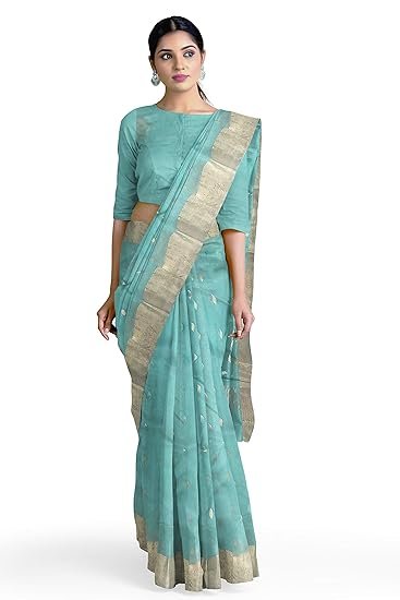HerClozet Chanderi Handwoven katan Silk Saree zari Border-6.3 mtr(Sea Green) - Image 2
