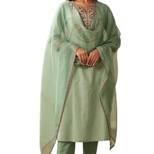 GoSriKi Women's Cotton Blend Embroidered Straight Kurta with Pant & Dupatta