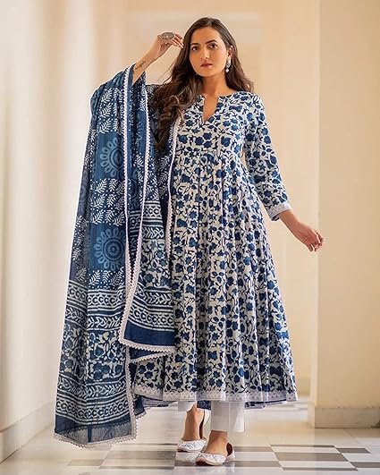 MEERA FAB Women's Cotton Printed Anarkali Kurta with Palazzo & Dupatta Set - Image 4