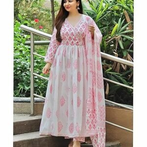 MEERA FAB Women's Cotton Printed White Anarkali Kurta with Palazzo & Dupatta Set