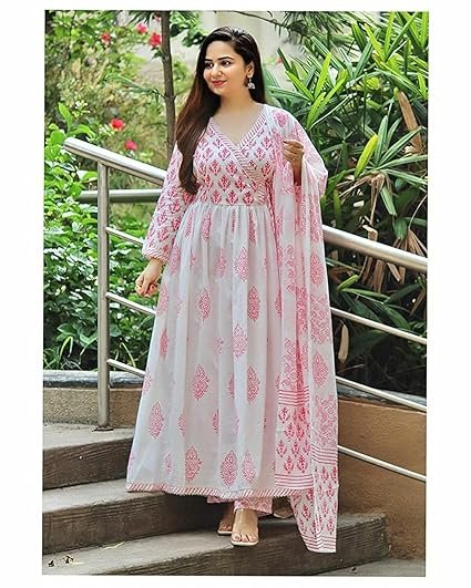 MEERA FAB Women's Cotton Printed White Anarkali Kurta with Palazzo & Dupatta Set