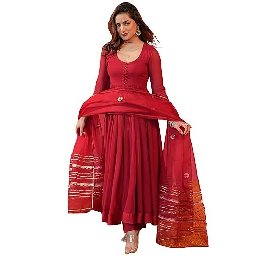 GoSriKi Women's Rayon Blend Anarkali Solid Kurta with Pant & Dupatta - Image 2