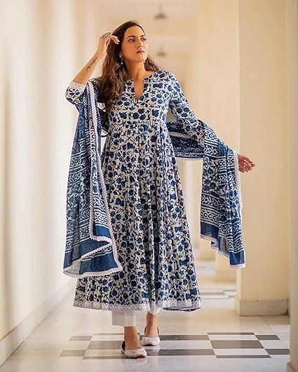 MEERA FAB Women's Cotton Printed Anarkali Kurta with Palazzo & Dupatta Set - Image 3