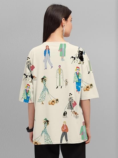 HELLCAT Beige Trendy Printed Oversized T-Shirt for Women - Image 4