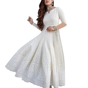 LookMark Women's Cotton Straight Fit Straight Chikankari Long Kurti Gown