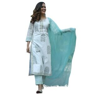KLOSIA Women Pure Cotton Printed Straight Kurta with Pant & Dupatta Suit