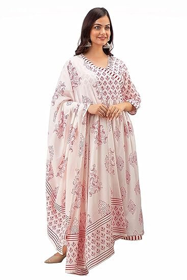 MEERA FAB Women's Cotton Printed White Anarkali Kurta with Palazzo & Dupatta Set - Image 4