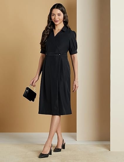 Symbol Premium Women's 'Desk-to-Dinner' Fit & Flare Wrap Dress (Midi Length | Stylish) - Image 4