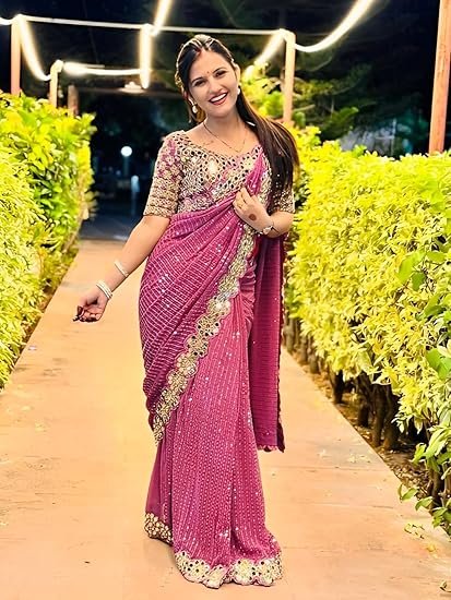 SIRIL Women's Georgette Sequence Embroidery Mirror Work Saree with Unstitched Blouse Piece - Image 3