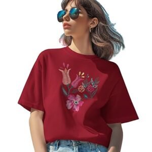 Rocky Fab | Floral Embroidered Loose Fit T-Shirt for Women, Cotton Blend, Short Sleeve, Office Wear Comfy T-Shirts for Women's