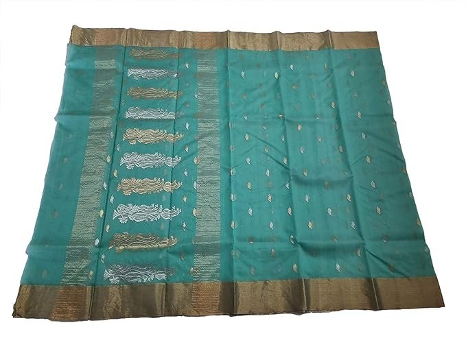 HerClozet Chanderi Handwoven katan Silk Saree zari Border-6.3 mtr(Sea Green) - Image 5
