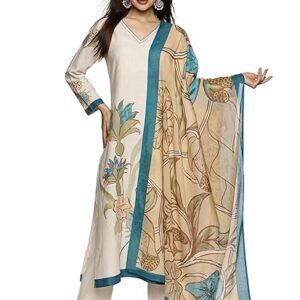 RAJMANDIRFABRICS Women's Cotton Hand Block Printed with Thread Work Straight Kurta Pant with Dupatta Set