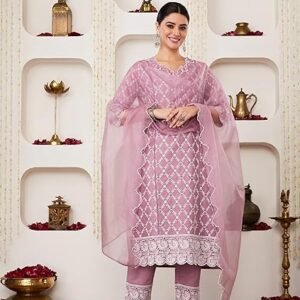 Amazon Brand - Myx Women's Blend Regular Embroidered Cotton Kurta Pant Set with Organza Dupatta