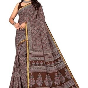 SK SAREES Women's Printed cotton saree with unstitched blouse piece | Ajrakh Printed Saree | Pure Cotton Mul Mul Printed Saree | Zari Border with Blouse Piece | 100% Cotton Saree (Brown)