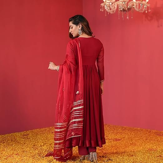 GoSriKi Women's Rayon Blend Anarkali Solid Kurta with Pant & Dupatta - Image 3
