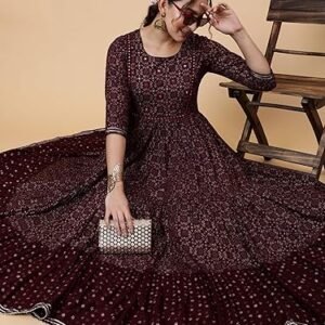 Ethnic Printed Cotton Blend Anarkali Dress, Burgundy, 3/4 Sleeve, Round Neck, Fit & Flare