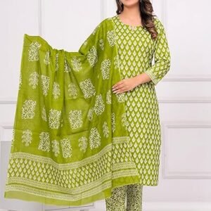 MEERA FAB Women's Cotton Printed Straight Kurta with Palazzo & Dupatta Set