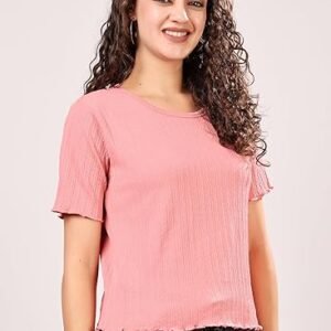 Slim Fit Textured Stretchable Round Neck Textured Knit Short Sleeve Pink Crop Top for Women