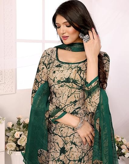 Yashika Women's Printed Dress Material - Unstitched Crepe Fabric Kurti, Pants & Dupatta Set