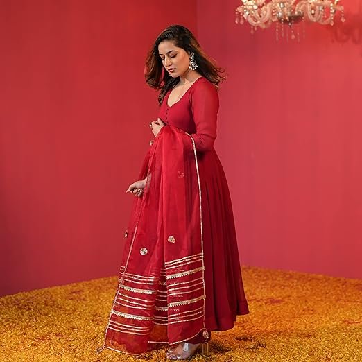 GoSriKi Women's Rayon Blend Anarkali Solid Kurta with Pant & Dupatta - Image 4