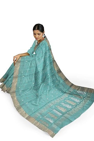 HerClozet Chanderi Handwoven katan Silk Saree zari Border-6.3 mtr(Sea Green) - Image 4