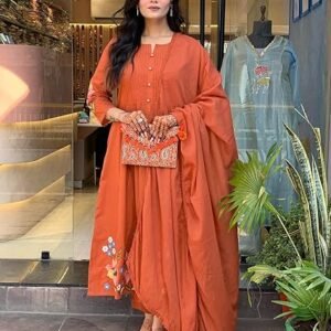 GoSriKi Women's Embroidered Viscose Anarkali Kurta Set with Dupatta - Orange Traditional Festive