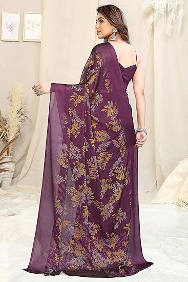MIRCHI FASHION Women's Stylish Chiffon Leaf Printed Saree with Blouse Piece