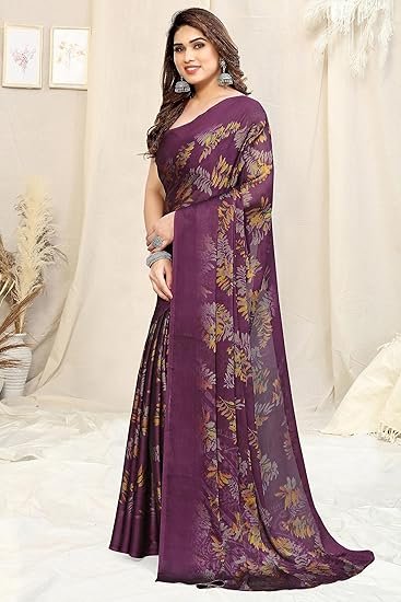 MIRCHI FASHION Women's Stylish Chiffon Leaf Printed Saree with Blouse Piece - Image 5