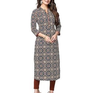 Rajnandini Women's Pure Cotton Jaipuri Printed Straight Kurti (Ready to Wear; Navy Blue and Red; S to 4XL)
